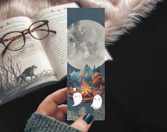 Ghost Couple Watercolor Full Moon Bookmark, Halloween Bookmark, Cute Ghost Camping Retro Style Fall Bookmark or Set of Bookmarks