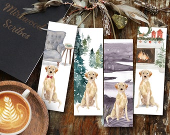 Utskrivbara bokmärken för labradorhundar, direktnedladdning, set med 4 gula labrador-helgbokmärken, julbokmärke för hundraser