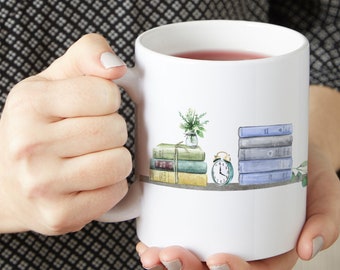 Bookshelf Coffee Mug, Wrap-Around Library Books and Plants Mug, Book Lover Gift, Reader Mug, Literary Gift, Bookstack Watercolor for Bestie