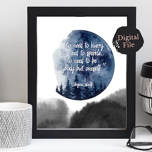 Virginia Woolf Literary Quote Watercolor Printable, DIY Inspirational Home Decor, Moon and Trees Blue Art Print