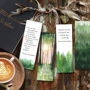 Zakładki do druku akwarelowe Ernesta Hemingwaya, zakładki do książek Pine Forest, zakładka do książki literacki cytat drzewo dla czytelnika