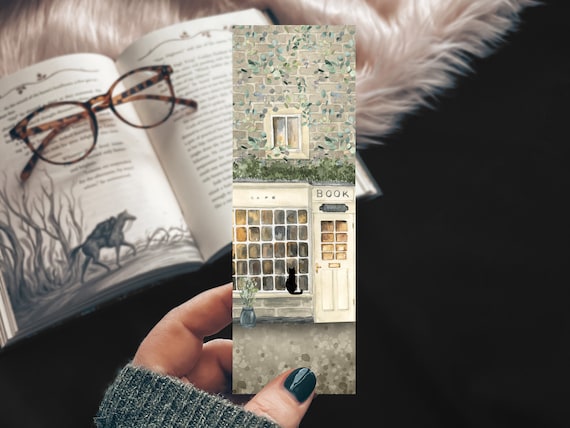 Bookshop Watercolor Bookmark, Books and Cats Bookmark, Cozy Bookstagram Gift for Best Friend, Handmade Bookmark with Book Store and Cat