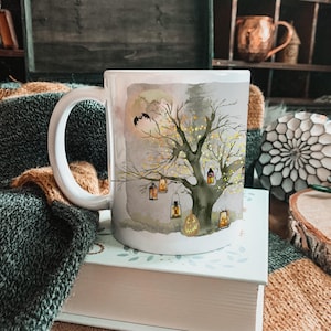 Spooky Tree Watercolor Mug, Ceramic Halloween Coffee Mug, Full Moon Lanterns and Lights Creepy Cup