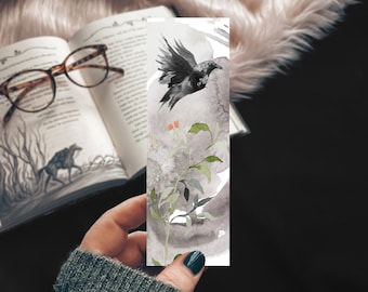 Dark Raven Bookmark, Dark Aesthetic Bookmark, Handmade Fairy Land Fantasy Reader Gift, Floral Print Crow Bookmark Set