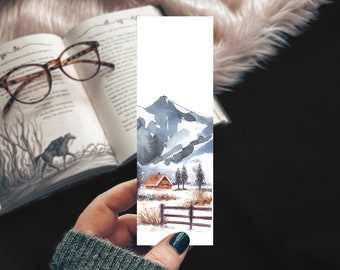 Winter Snow Watercolor Landscape Bookmark, Cozy Cabin Aesthetic Mountain Scene Reader Gift for Dad, Book Lover Brother Gift for Him