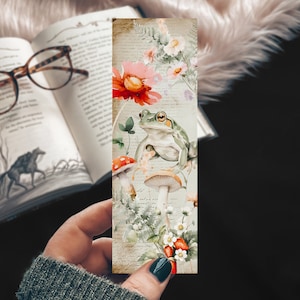 Cottagecore Frog in the Forest Bookmark, Cute Frog Watercolor Gift, Wildflowers and Strawberries Pastel Bookmark Gift for Reader, Frog Lover