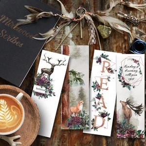 May include: Set of four bookmarks featuring watercolor illustrations of a deer, a fox, floral designs, and the word "READ" in gold lettering. The bookmarks are printed on white cardstock and have a rustic, woodland theme.
