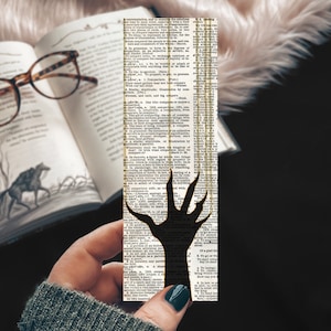 Halloween Bookmark, Creepy Claw Bookmark, Black Hand on Dictionary Page, Linen Paper Bookmark, Weird Bookmark