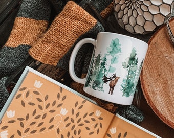 Deer and Pine Ceramic Mug, Watercolor Forest Reindeer Winter Woods Mug, Gift for Dad, Trees and Deer Mug Gift