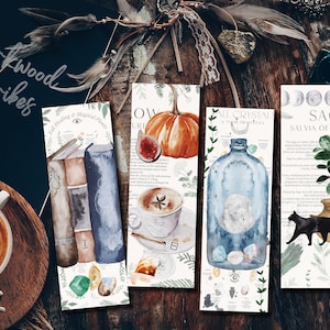 Puede incluir: Cuatro marcadores de acuarela con un tema otoñal. Los marcadores representan una pila de libros, una taza de café con anís estrellado, un frasco de vidrio con cristales y una planta de salvia en maceta con un gato negro. Los marcadores tienen texto que dice "The Fall Healing & Magical Plants", "OW", "ALL CRYSTALS & THEIR PROPERTIES", y "SAGE SALVIA OFFICIN".
