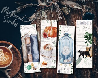 Pumpkin Fall Spell Book Bookmarks, Autumn Witchy Vibe Book Stack Bookmark with Black Cat and Sage, Pumpkin Spice Book Page Bookmark Set