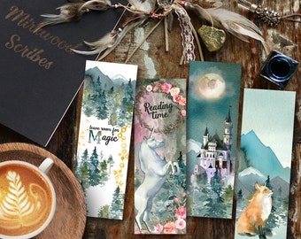 May include: Set of four watercolor bookmarks featuring a forest scene, a unicorn with a floral wreath, a castle with a moon, and a fox in a snowy landscape. The bookmarks are printed on white cardstock and have a matte finish.