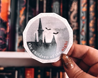 Dracula Vinyl Sticker Children of the Night Quote, Gothic Vampire Sticker with Castle and Bats Flying across the Moon