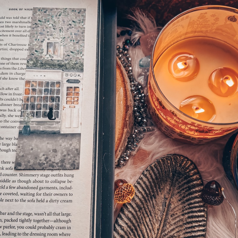 Peut inclure: Un livre ouvert avec le titre "Book of Night" sur la couverture. Le livre est pos&eacute; sur une table avec une bougie allum&eacute;e et d'autres objets d&eacute;coratifs.