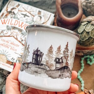 Halloween Metal Mug, Haunted Town Watercolor Camp Mug, Spooky Village Hot Cocoa Cup image 4