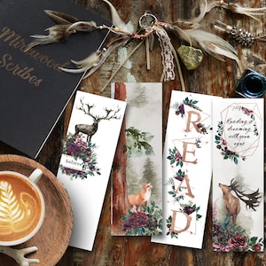 Fox and Deer Printable Bookmark Set, Instant Download Woodland Bookmarks, Floral Watercolor Stag and Fox Bookmarks, Neutral Bookstagram