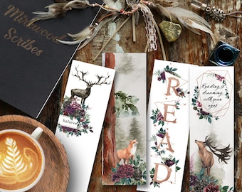 May include: Set of four bookmarks featuring watercolor illustrations of a deer, a fox, floral designs, and the word "READ" in gold lettering. The bookmarks are printed on white cardstock and have a rustic, woodland theme.