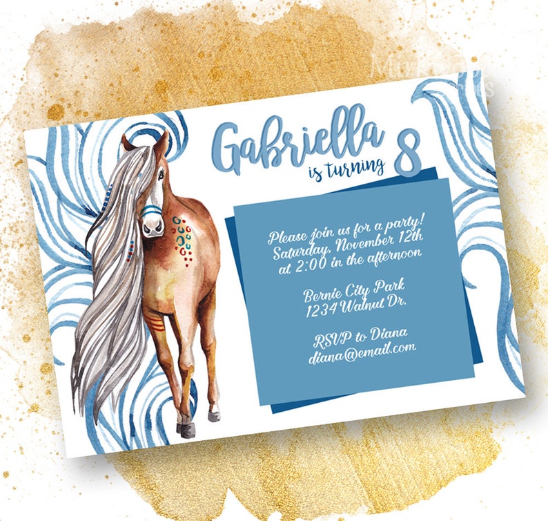 Horse Birthday Party Invitations Pretty Watercolor Blue Etsy