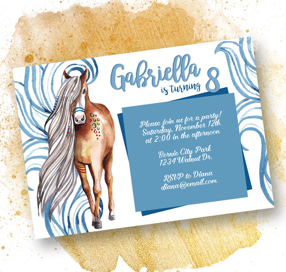 Blue And White Horses Personalised Children/'s Birthday Party Invitations
