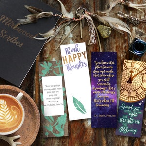 Peter Pan Printable Bookmarks, Peter Pan Party Favor, Neverland Think Happy Thoughts, Big Ben, Mermaids and Fairies Bookmarks by J.M. Barrie