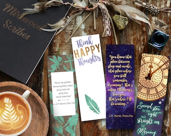 Peter Pan Printable Bookmarks, Peter Pan Party Favor, Neverland Think Happy Thoughts, Big Ben, Mermaids and Fairies Bookmarks by J.M. Barrie