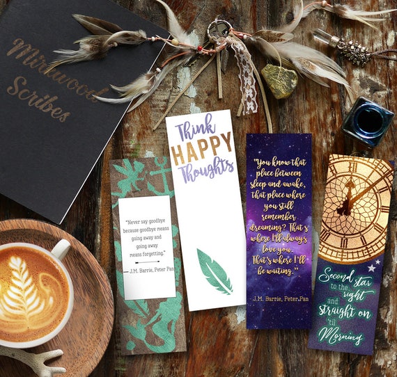Peter Pan Printable Bookmarks, Peter Pan Party Favor, Neverland Think Happy Thoughts, Big Ben, Mermaids and Fairies Bookmarks by J.M. Barrie