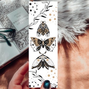 Celestial Moth Handmade Bookmark, Wiccan Dreamer Bookmark, Lunar Moth Line Art, Gift for Reader, Bookstagram, Night Sky Print Single Bookmark