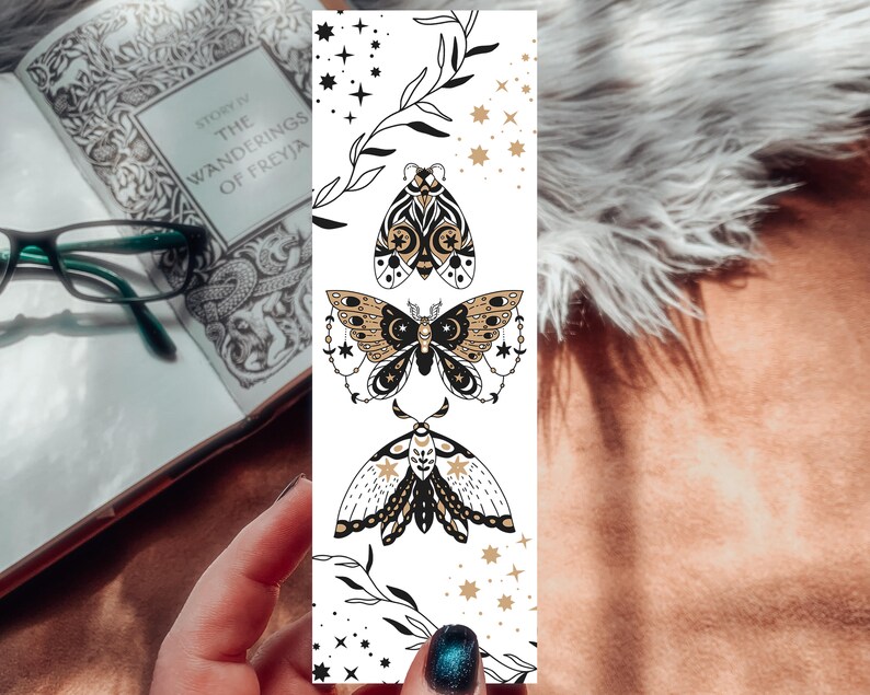 Celestial Moth Handmade Bookmark, Wiccan Dreamer Bookmark, Lunar Moth Line Art, Gift for Reader, Bookstagram, Night Sky Print Single Bookmark