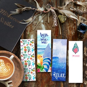 May include: A collection of watercolor bookmarks with beach and summer themes. One bookmark features a surfboard and the text "Wish you were here." Another says "Relax." Other bookmarks have tropical patterns and a seashell design. A cup of coffee and a journal are also in the image.