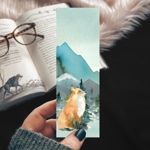 Watercolor Fox Bookmark, Fantasy Forest Fox and Mountains Bookmark, Gift for Reader, Nature Bookmark