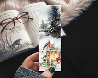 Christmas Lantern Bookmark, Cozy Winter Landscape Bookmarks Set, Winter Books Gift For Reader, Small Bookish Gift, Bird Bookmark