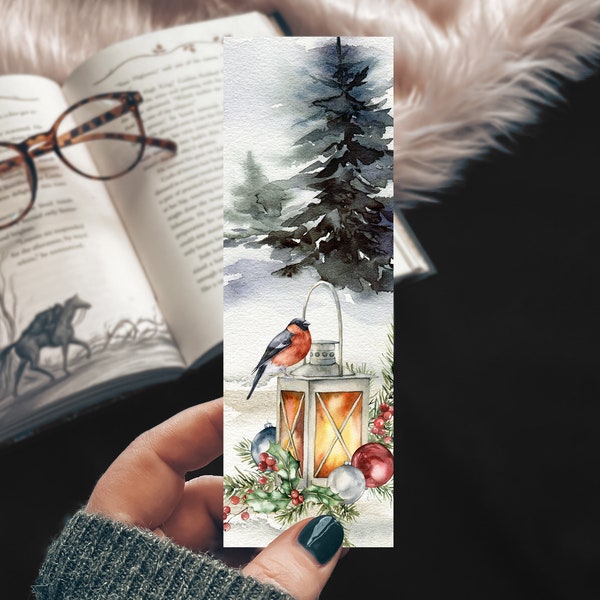 Christmas Lantern Bookmark, Cozy Winter Landscape Bookmarks Set, Winter Books Gift For Reader, Small Bookish Gift, Bird Bookmark
