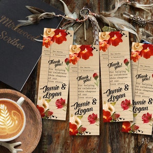 Literary Shower Favor Bookmark, Custom Red Floral Library Card Bookmark, Book Themed Shower Favors