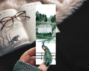 Fancy Peacock Bookmark, Watercolor Peacock Manor Landscape Bookmark, Spring Scene House Bookmark Set