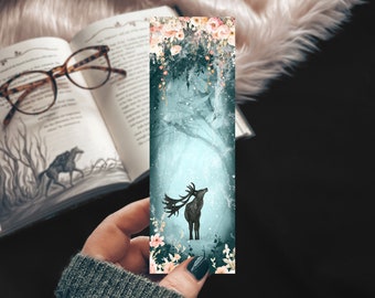 Enchanted Forest Watercolor Floral Bookmark, Magical Fantasy Deer In the Woods, Romance Reader Twilight Realm Print for Book Lovers