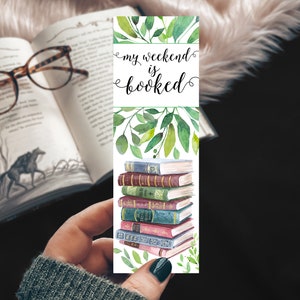 Meu fim de semana está reservado Pilha de livros em aquarela e marcador de plantas, presente para amantes de livros, impressão botânica