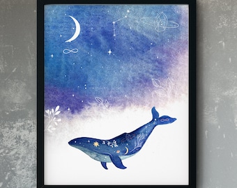 Watercolor Whale Print, Printable Blue Wall Art, Cosmic Home Decor, Constellation Whale Art Print Instant Download Picture