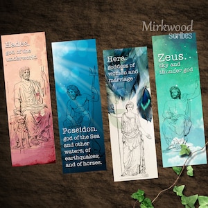 Greek Mythology Bookmarks, Printable Greek Gods and Goddesses Olympians Bookmarks,  Zeus Hera Poseidon Hades, Set of 4