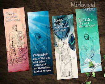 Greek Mythology Bookmarks, Printable Greek Gods and Goddesses Olympians Bookmarks,  Zeus Hera Poseidon Hades, Set of 4