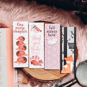 Cute Cozy Animals Bookmarks, Instant Download Printable Set of 4 Woodland Critters Bookmarks, Bunny, Hedgehog, Squirrel and Bird Bookmark