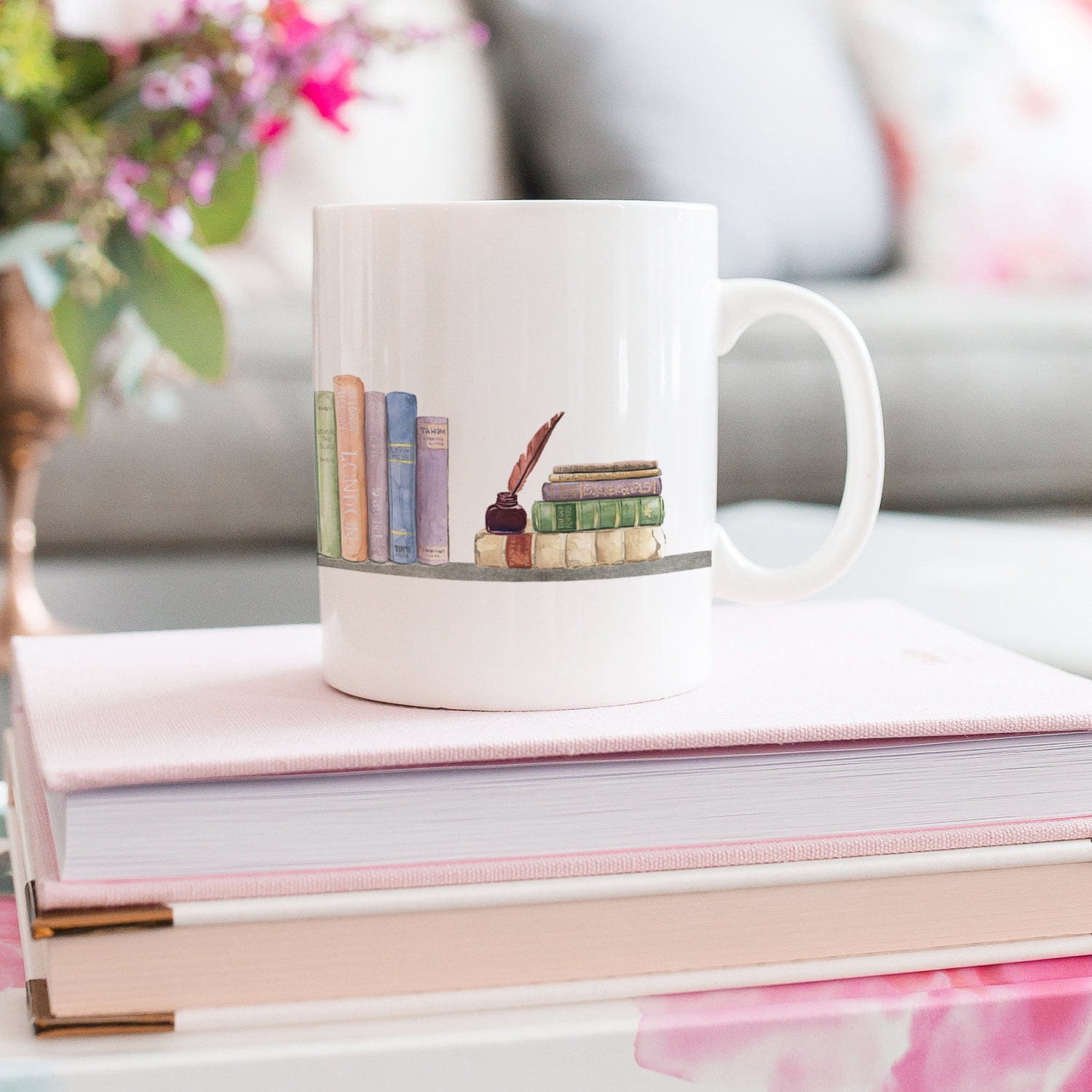 Bookshelf Coffee Mug Wraparound Library Books and Plants Etsy