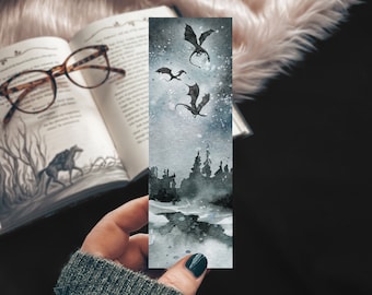 Dragon Flight Bookmark, Watercolor Epic Dragon Trio Reader Gift, Geek Gift, Gift for Husband, Dragon Rider Landscape