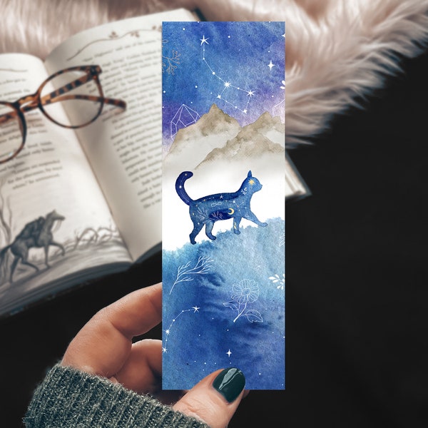 Constellation Cat Watercolor Bookmark, Galaxy Celestial Zodiac Cat, Mystic Cat Print Animal Lover Gift, Cat Lover Gift
