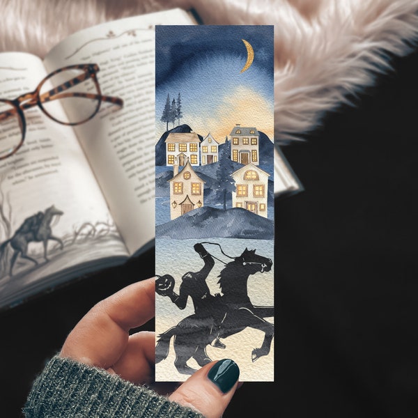 Headless Horseman Quote Halloween Bookmarks, The Legend of Sleepy Hollow Watercolor Bookmark Moon Phase and Haunted House