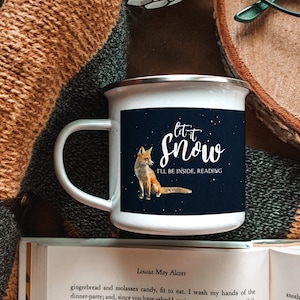 Let it Snow Fox Camp Mug, Cozy Reader Metal Cabin Mug, Winter Snow Mug, Holiday Camping Mug