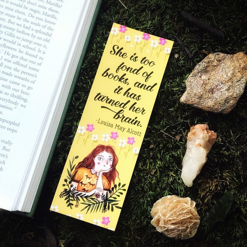 Louisa May Alcott Quote Bookmark, Bookworm Gift, Yellow Floral Bookmark, Ze is te dol op boeken en het heeft haar hersenen veranderd afbeelding 2