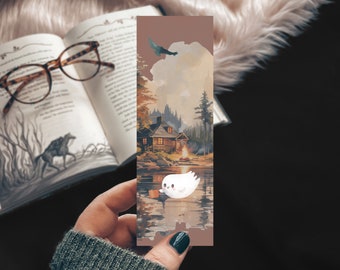 Spooky Ghost Watercolor at the Lake Bookmark, Halloween Bookmark, Cute Ghost Camping Retro Style Fall Bookmark or Set of Bookmarks