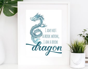 Book Dragon Art Print, Reader Home Decor, Watercolor Nerd Wall Art, Book Lover Print Bookstagram Background