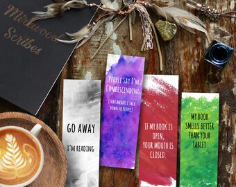 Sarcastic Watercolor Bookmark Set, 4 Printable Snarky Bookmarks, Go Away, I'm Reading, My Book Smells Better than Your Tablet, Reader gift