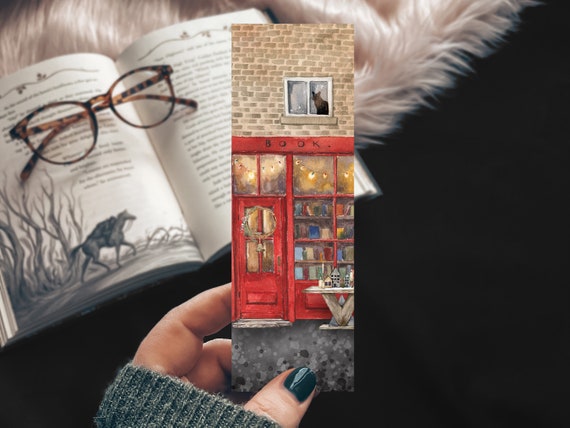 Holiday Bookshop Watercolor Bookmark, Cozy Bookstagram Gift for Best Friend, Handmade Bookmark with Book Store and Black Cat